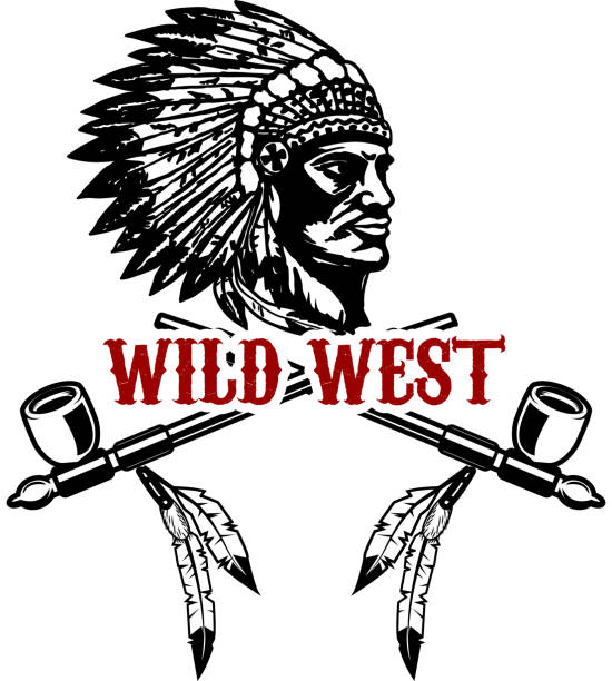 Wild west. Native american chief head. Design element for label, sign. Wild west. Native american chief head. Design element for label, sign. Vector illustration drawing of a native american warrior tattoos stock illustrations