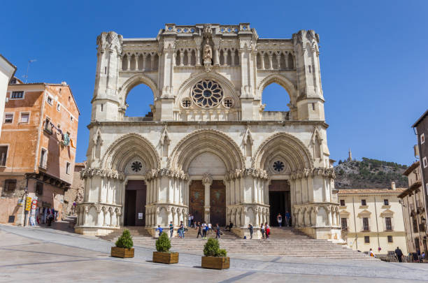 Cuenca, Spain - April 19, 2018: Frontal view of the cathedral of Cuenca, Spain