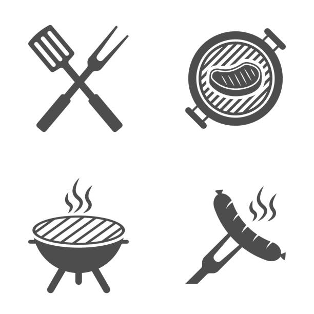 bbq oder grill-werkzeug-symbol. grill-gabel mit spachtel. wurst auf einer gabel. vektor-illustration. - gegrillt stock-grafiken, -clipart, -cartoons und -symbole