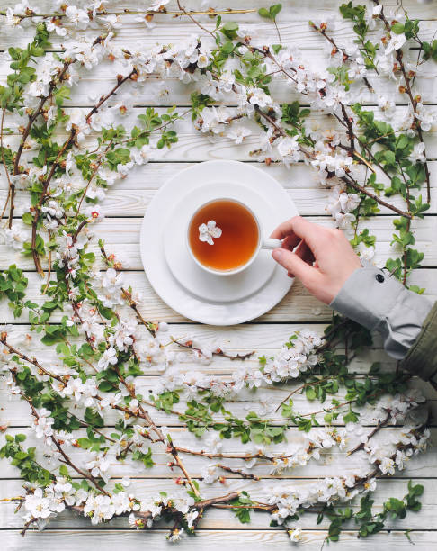 istock Herbal tea in a white cup. Apricot blossoms on a wooden background. 1013819862