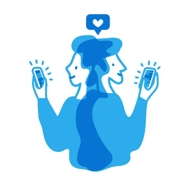 Vector illustration of Male and female give likes to each other on social media apps. Monochrome vector illustration about online dating and romantic relationships on social networks. EPS10.
