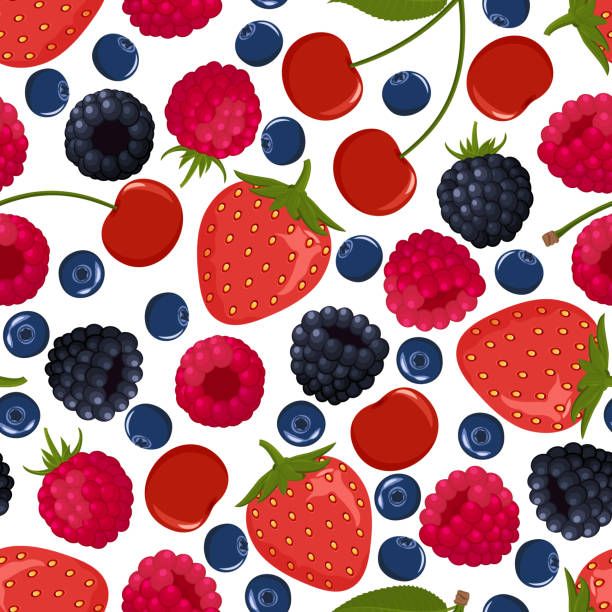 떨어지는 익은 열매에서 완벽 한 패턴 - wallpaper pattern raspberry pattern seamless stock illustrations