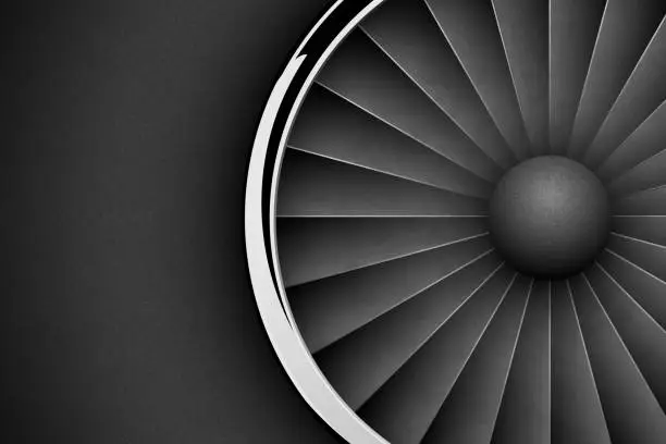 Vector illustration of Jet Engine Turbine dark horizontal background. Detailed Airplane Motor with chrome metal ring Front View. Vector illustration aircraft turbo Fan of plane, machinery power