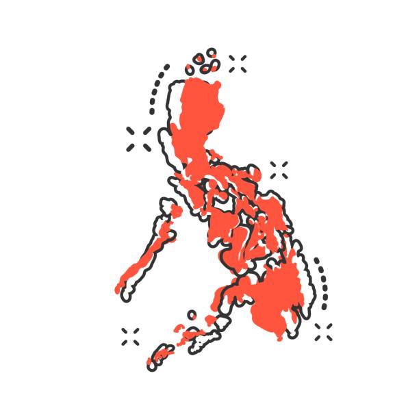 illustrazioni stock, clip art, cartoni animati e icone di tendenza di icona della mappa dei cartoni animati vettoriali filippine in stile fumetto. le filippine firmano il pittogramma dell'illustrazione. cartografia mappa business splash effetto concetto. - philippines map