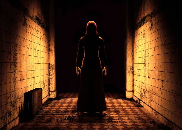 istock Woman in spooky dirty corridor. 3d render 1013829630