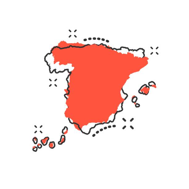 vector cartoon spanien kartensymbol im comic-stil. spanien-zeichen-darstellung-piktogramm. kartographie karte splash-effekt geschäftskonzept. - spanien stock-grafiken, -clipart, -cartoons und -symbole