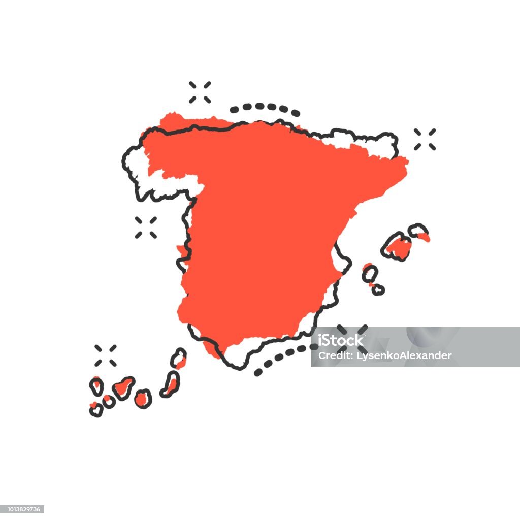 Vector cartoon Spain map icon in comic style. Spain sign illustration pictogram. Cartography map business splash effect concept. Spain stock vector