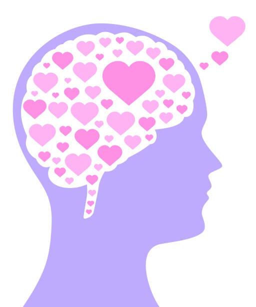 istock Pink hearts in brain and purple head silhouette 1013834146