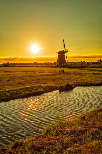 istock Dutch landscape with vintage windmill at sunset (HDRi) 1013842348