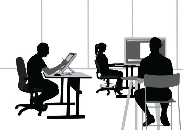 Small Computer Developer Company Digital artists and programmer working in an open office computer silhouettes stock illustrations