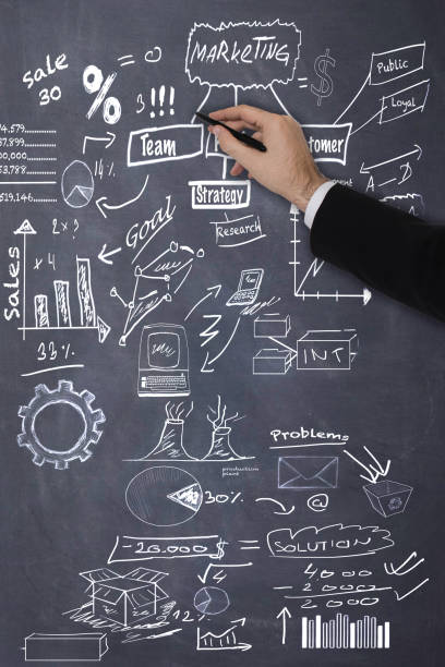 istock Businessman holding presentation and drawing on blackboard 1013847572