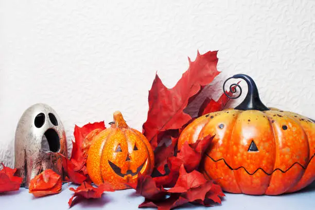 Happy Halloween. Festive still life, pumpkin-lantern and autumn leaves. White background, copy space