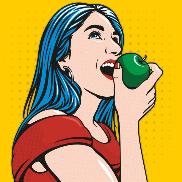 красивая девушка ест яблоко - teen pop stock illustrations