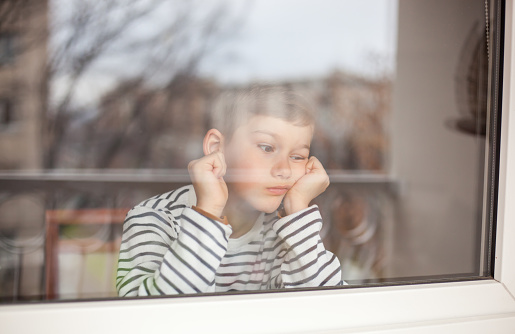 Portrait of a boy looking out of the window