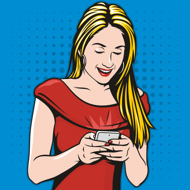 ilustraciones, imágenes clip art, dibujos animados e iconos de stock de mujer enviando mensajes de texto - art homage