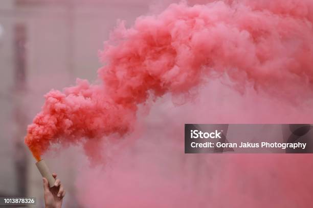 Red Hand Flare Stock Photo - Download Image Now - Smoke - Physical Structure, Smoke Bomb, Protest