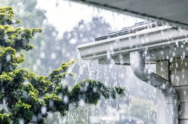 Drenching downpour rain storm water is overflowing off the tile shingle roof - streaming, rushing and splashing out over the overhanging eaves trough aluminum roof gutter system on a suburban residential colonial style house near Rochester, New York State, USA during a torrential mid-summer July downpour.