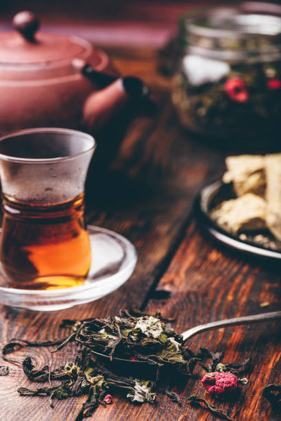 istock Spoonful of raspberry herbal tea and ready tea in armudu glass 1013891218