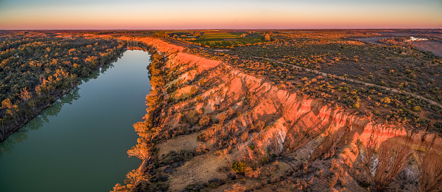 Aerial panorama of Murray River in Riverland region of South Australia at sunset