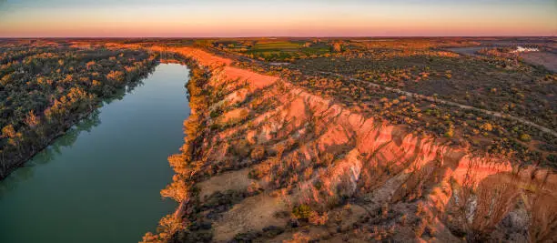 Aerial panorama of Murray River in Riverland region of South Australia at sunset