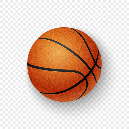 Vector realistic 3d orange brown classic basketball icon closeup isolated on transparency grid background. Design template for graphics, mockup. Top view.