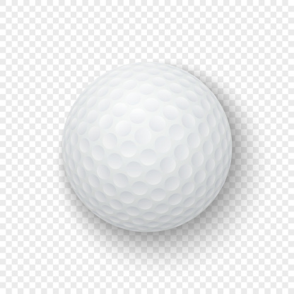 Vector realistic 3d white classic golf ball icon closeup isolated on transparency grid background. Design template for graphics, mockup. Top view.