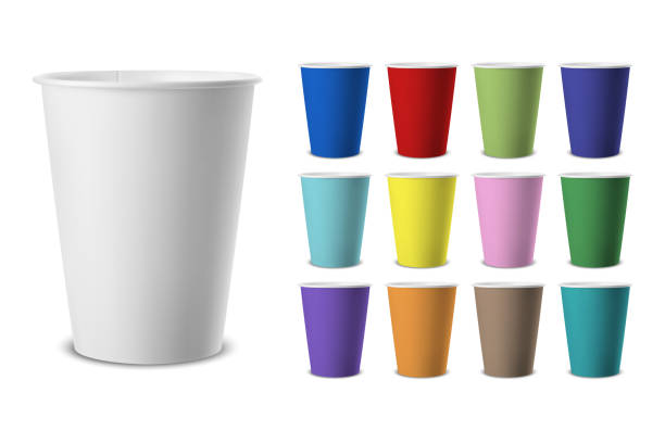 Vector realistic 3d classic retro colored paper disposable cup icon set closeup isolated on white background. Design template for graphics, mockup. Front view Vector realistic 3d classic retro colored paper disposable cup icon set closeup isolated on white background. Design template for graphics, mockup. Front view. disposable cup stock illustrations