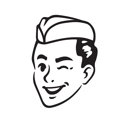 Retro portrait of young man in cap winking. Army military guy or waiter, soda jerk boy. Vintage style vector illustration.