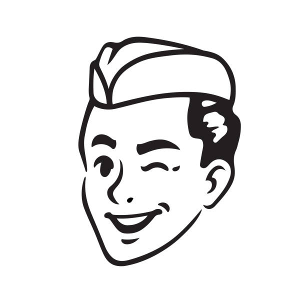 Retro Soda Jerk portrait Retro portrait of young man in cap winking. Army military guy or waiter, soda jerk boy. Vintage style vector illustration. diner illustrations stock illustrations