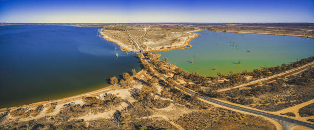 aerial panorama of lake bonnie and loch luna in riverland, south australia - lake murray imagens e fotografias de stock
