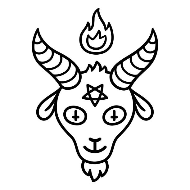 Satan goat head Cartoon style Satan drawing, goat head with pentagram and fire. Beelzebub or Baphomet, satanic symbol. Cute devil vector illustration. satan goat stock illustrations