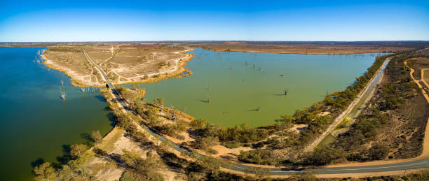 Aerial panorama of Loch Luna reserve in Riverland, South Australia Aerial panorama of Loch Luna reserve in Riverland, South Australia lake murray stock pictures, royalty-free photos & images