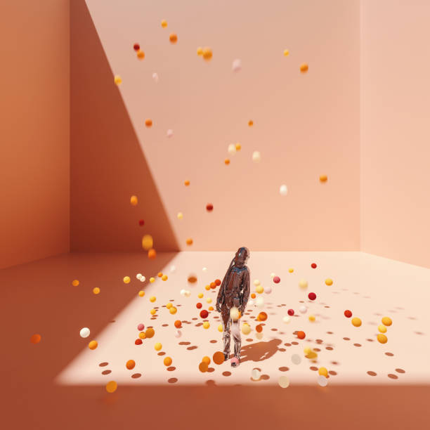 Surreal bent astronaut in cubic room with falling spheres