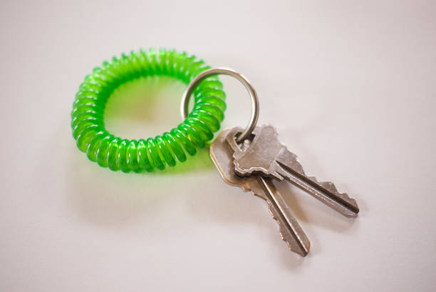 Two silver metal house keys attached to a bright green coiled plastic keychain. Shot on a white background. Natural light and shadows.