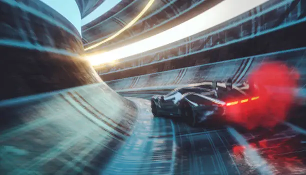Generic futuristic sports car speeding in the underground tunnel. Vehicle design is not based on any real model/brand.