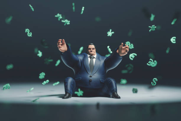 Heavy rich businessman and raining currencies.