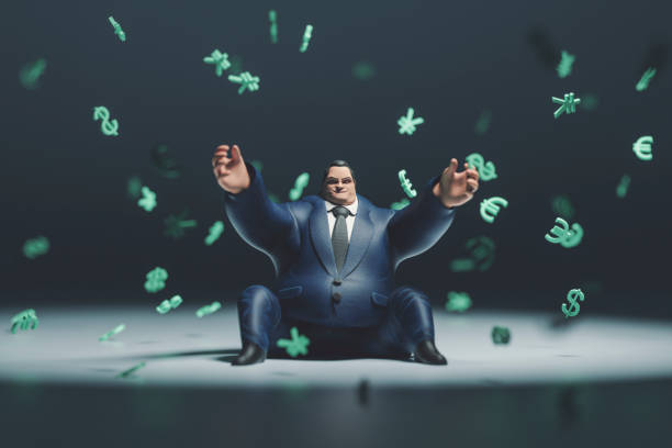 Heavy rich businessman and raining currencies Heavy rich businessman and raining currencies. capitalism stock pictures, royalty-free photos & images