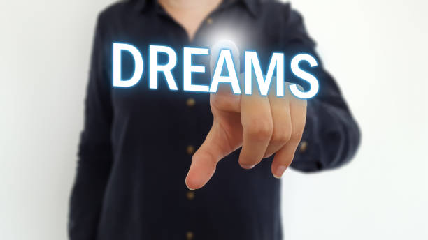 istock Business woman pointing finger on dreams text 1013926496