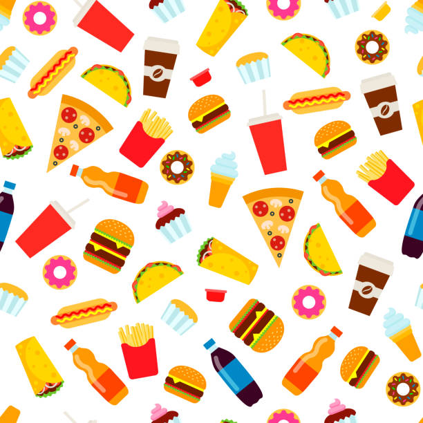 bunte fastfood musterdesign. - ungesunde ernährung stock-grafiken, -clipart, -cartoons und -symbole