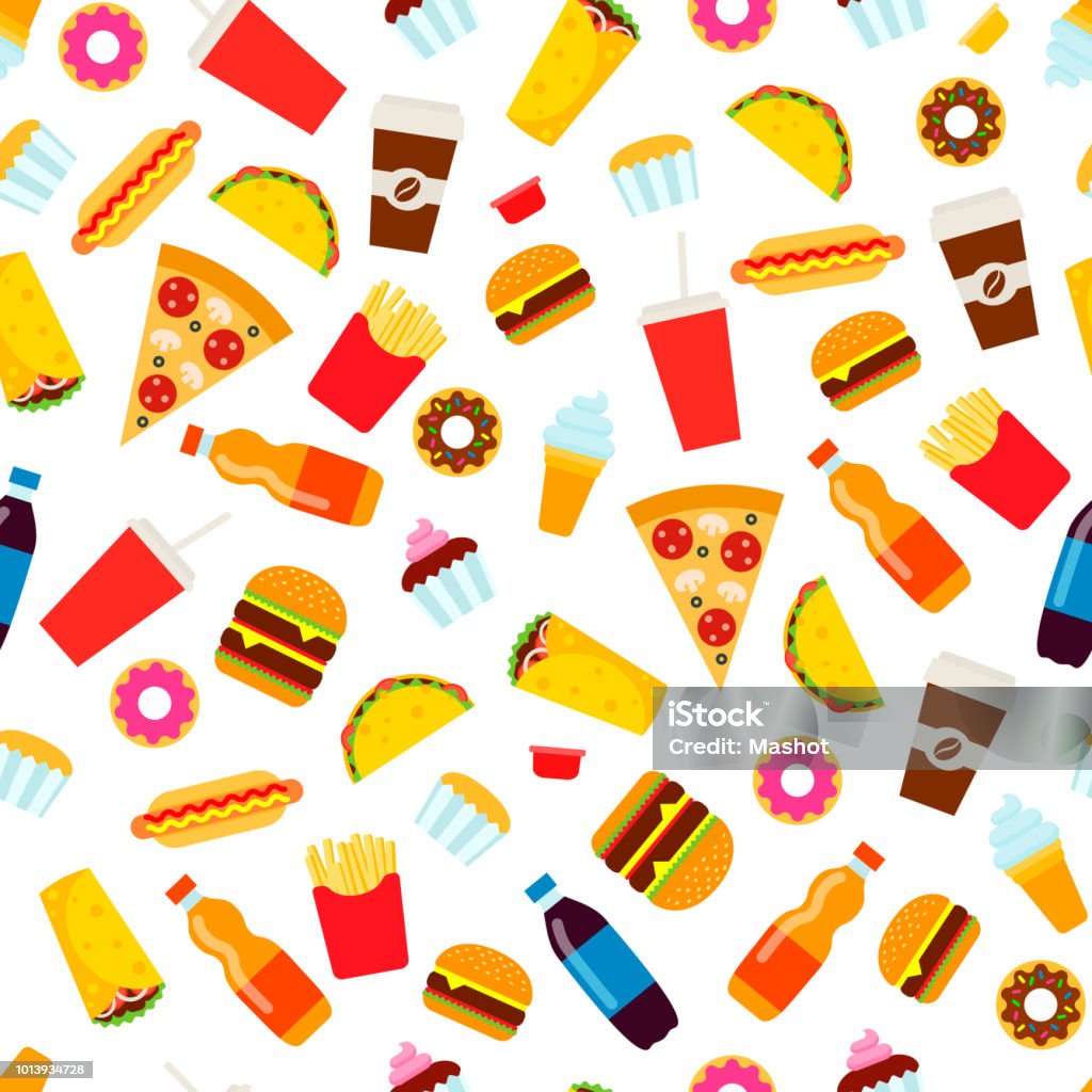Colorful fast food seamless pattern. Colorful fast food seamless pattern. Junk food vector repeating background for textile design, wrapping paper, wallpaper. Unhealthy Eating stock vector