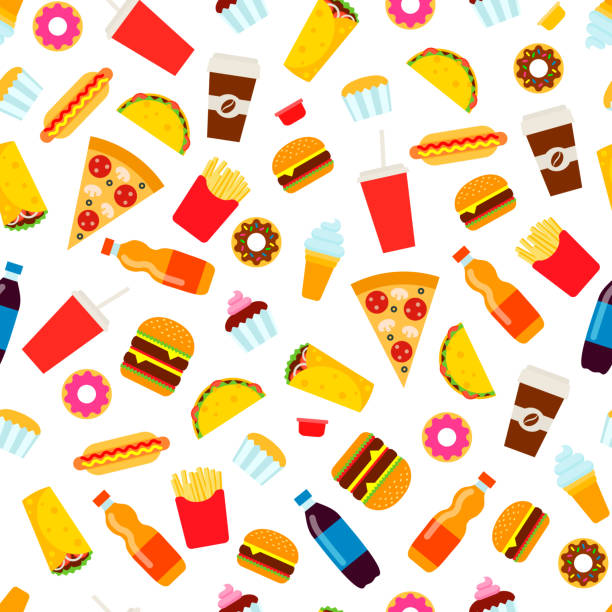 Colorful fast food seamless pattern. Colorful fast food seamless pattern. Junk food vector repeating background for textile design, wrapping paper, wallpaper. fast food stock illustrations