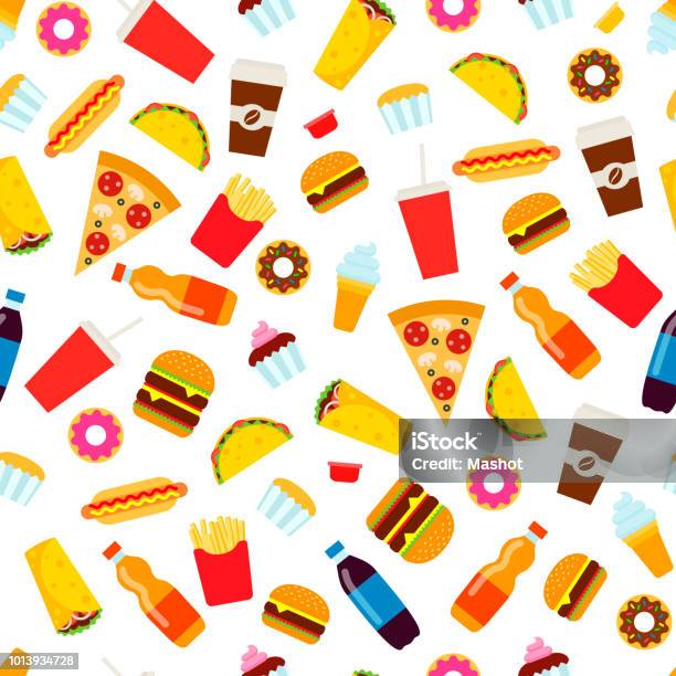 Colorful Fast Food Seamless Pattern Stock Illustration - Download Image Now - Unhealthy Eating, Fast Food, Fast Food Restaurant