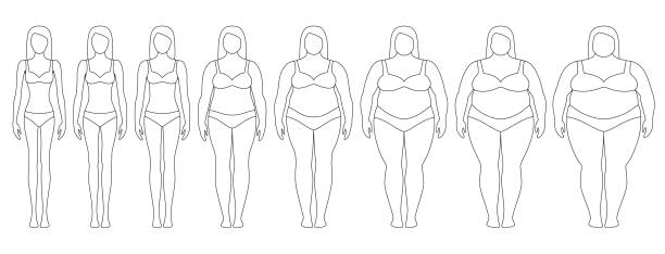 векторная иллюстрация силуэтов женщин с разным весом от анорексии до крайне ожирения. - emaciated weight scale dieting overweight stock illustrations