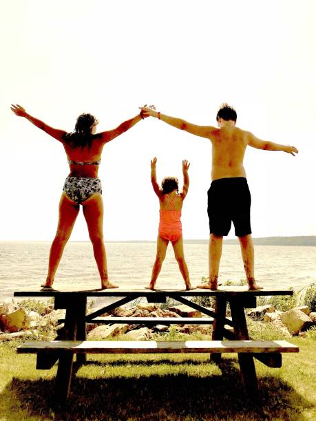 Summer in Gladstone Three children holding hands on top of a picnic table with Lake Michigan shoreline in the background gladstone michigan photos stock pictures, royalty-free photos & images