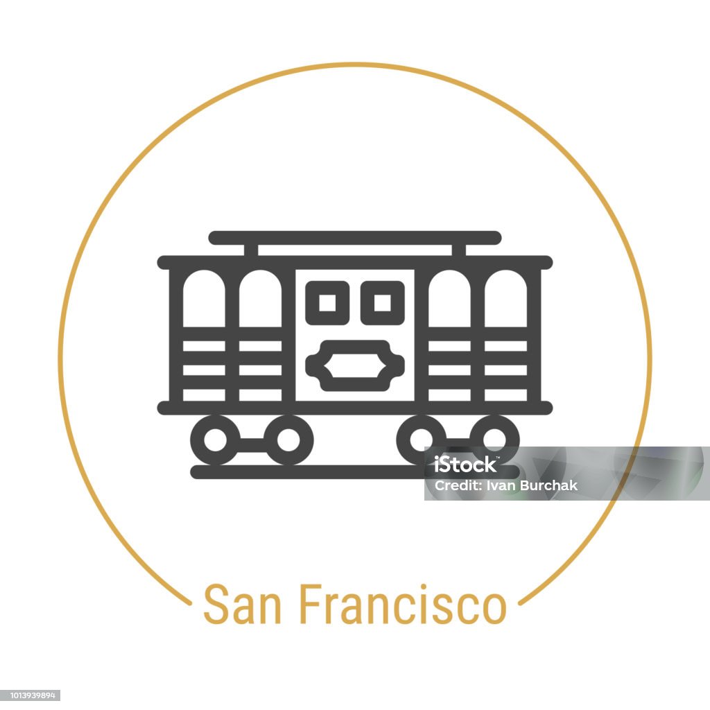 San Francisco, United States Vector Line Icon San Francisco, United States Vector Line Icon with Gold Circle Isolated on White. Landmark - Emblem - Print - Label - Symbol. San Francisco Cable Car Pictogram. World Cities Collection. Cable Car stock vector