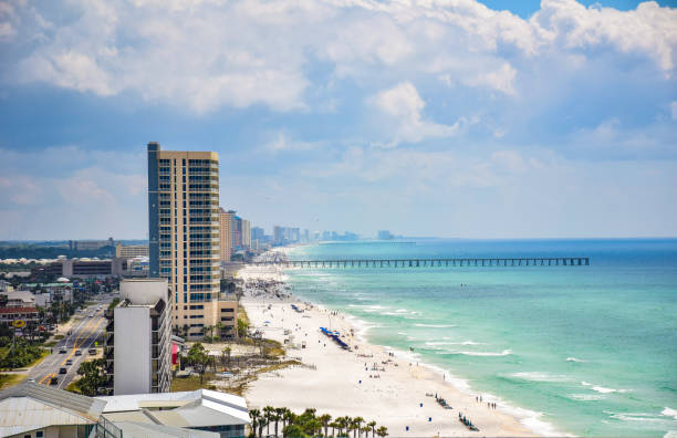 Drone Aerial Beach View of Panama City Beach, Florida, USA Drone Aerial Beach View of Panama City Beach, Florida, USA during Spring Break. clearwater florida photos stock pictures, royalty-free photos & images