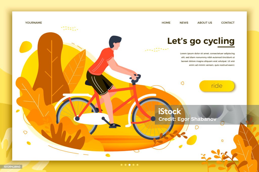 Vector illustration - bicycle riding man in park Vector illustration - bicycle riding man. Park, forest, trees and hills on background. Banner, site, poster template with place for your text. Landing - Touching Down stock vector