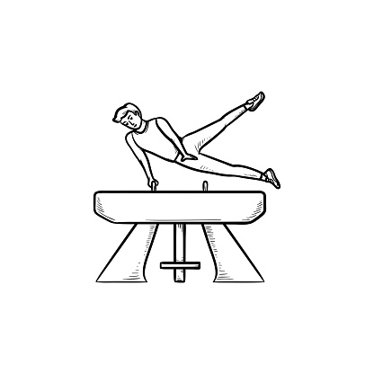 Gymnast performing on vaulting horse hand drawn outline doodle icon. Male gymnast, sport competition concept. Vector sketch illustration for print, web, mobile and infographics on white background.