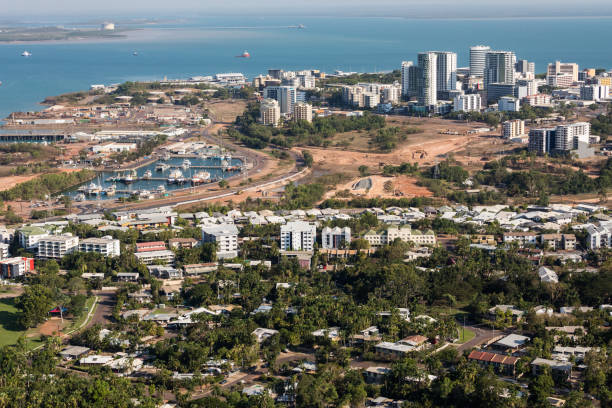 An aerial photo of Darwin, the capital city of the Northern Territory of Australia. An aerial photo of Darwin, the capital city of the Northern Territory of Australia showing the central business district and nearby suburbs of Stuart Park, Tipperary Waters, Bayview and the Frances Bay Mooring Basin darwin nt stock pictures, royalty-free photos & images