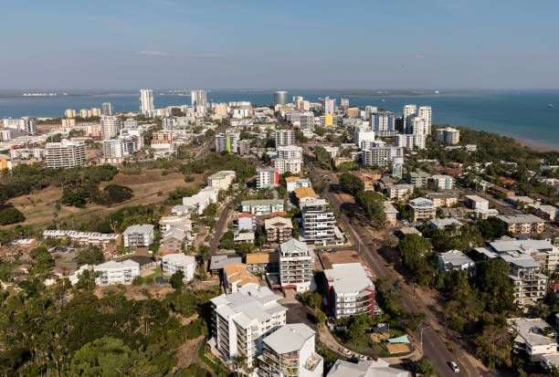 an aerial photo of darwin, the capital city of the northern territory of australia. - darwin northern territory australia beach imagens e fotografias de stock